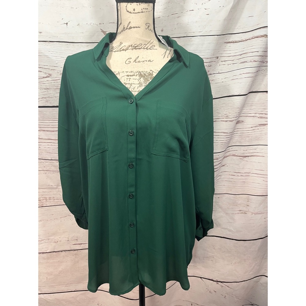 Maurices Women XL Green Roll Tab Sleeve Button Down Utility Blouse NWT